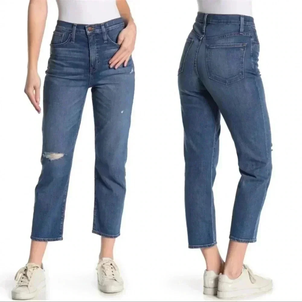 Madewell Womens Blue Distressed Cropped Classic Straight Leg Jeans Size 32